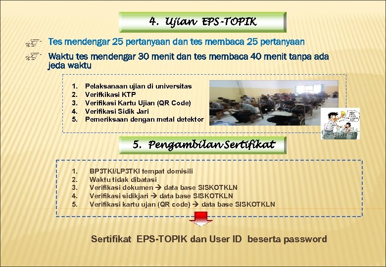 4. Ujian EPS-TOPIK Tes mendengar 25 pertanyaan dan tes membaca 25 pertanyaan Waktu tes