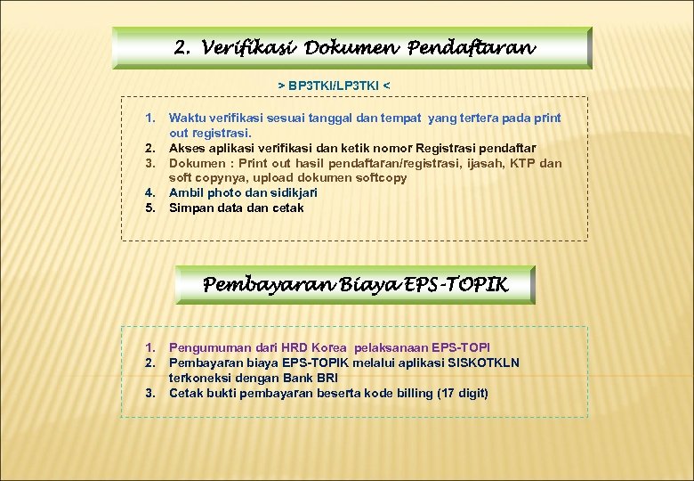 2. Verifikasi Dokumen Pendaftaran > BP 3 TKI/LP 3 TKI < 1. 2. 3.