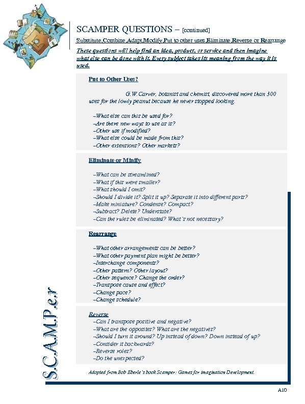 SCAMPER QUESTIONS – [continued] Substitute, Combine, Adapt, Modify, Put to other uses, Eliminate, Reverse