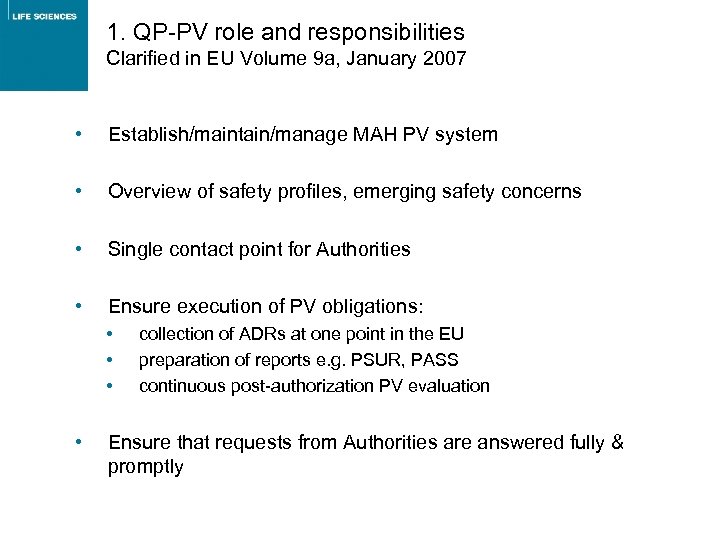 1. QP-PV role and responsibilities Clarified in EU Volume 9 a, January 2007 •