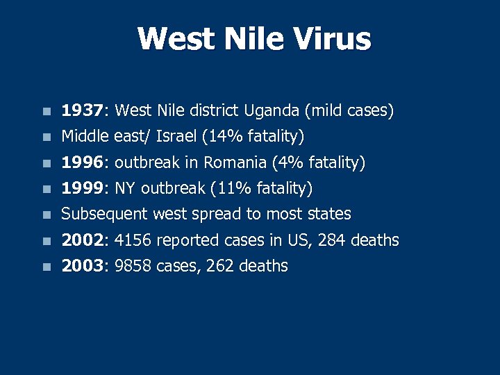 West Nile Virus n 1937: West Nile district Uganda (mild cases) n Middle east/