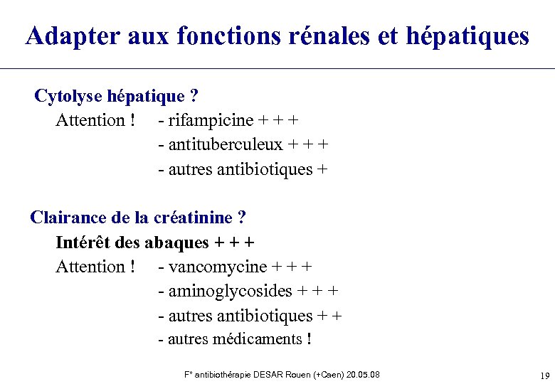 Adapter aux fonctions rénales et hépatiques Cytolyse hépatique ? Attention ! - rifampicine +