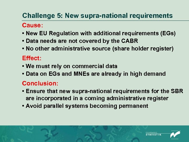 Challenge 5: New supra-national requirements Cause: • New EU Regulation with additional requirements (EGs)