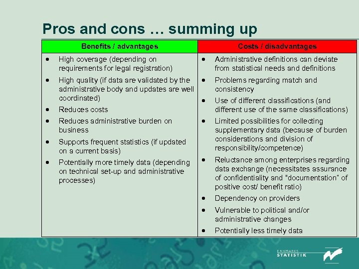 Pros and cons … summing up Benefits / advantages Costs / disadvantages High coverage