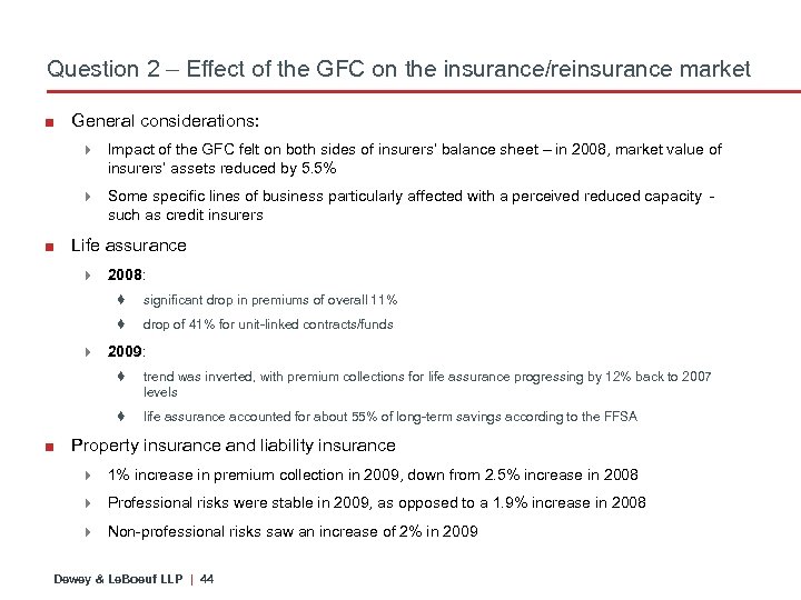 Question 2 – Effect of the GFC on the insurance/reinsurance market ■ General considerations: