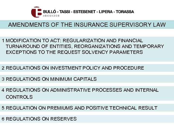 AMENDMENTS OF THE INSURANCE SUPERVISORY LAW 1 MODIFICATION TO ACT: REGULARIZATION AND FINANCIAL TURNAROUND