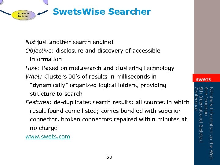 Swets. Wise Searcher Not just another search engine! Objective: disclosure and discovery of accessible