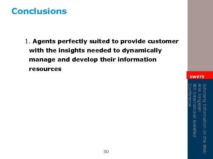 Conclusions 1. Agents perfectly suited to provide customer with the insights needed to dynamically