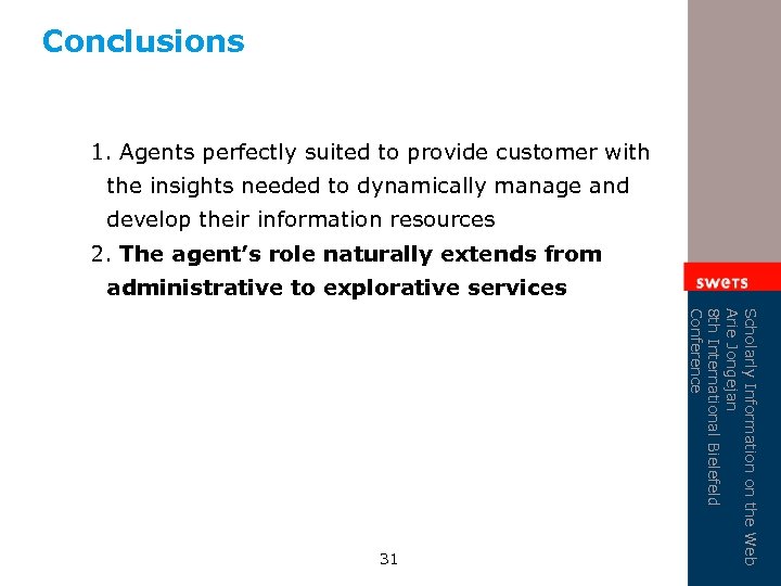 Conclusions 1. Agents perfectly suited to provide customer with the insights needed to dynamically