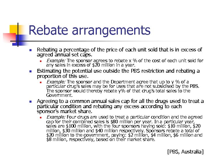 Rebate arrangements n Rebating a percentage of the price of each unit sold that