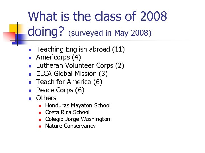 What is the class of 2008 doing? (surveyed in May 2008) n n n