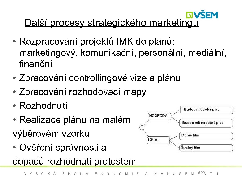 Další procesy strategického marketingu • Rozpracování projektů IMK do plánů: marketingový, komunikační, personální, mediální,