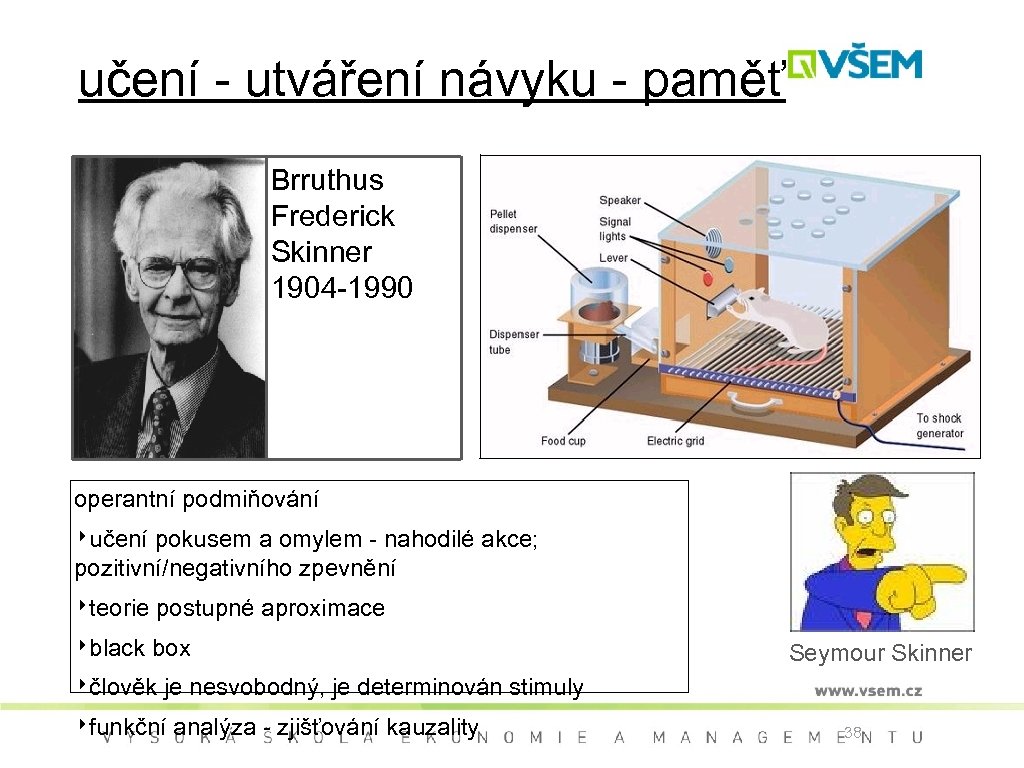 učení - utváření návyku - paměť Brruthus Frederick Skinner 1904 -1990 operantní podmiňování ‣učení