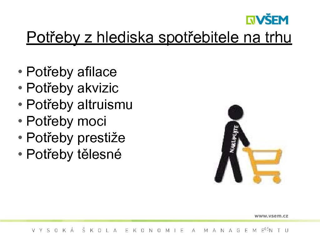 Potřeby z hlediska spotřebitele na trhu • Potřeby afilace • Potřeby akvizic • Potřeby