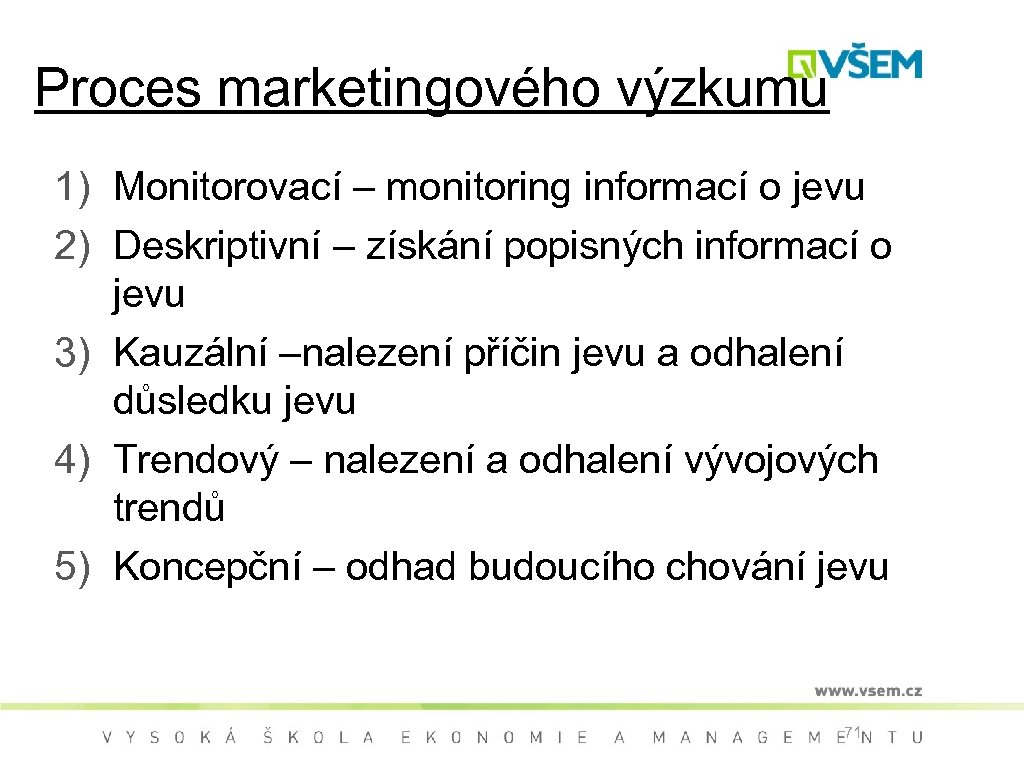 Proces marketingového výzkumu 1) Monitorovací – monitoring informací o jevu 2) Deskriptivní – získání