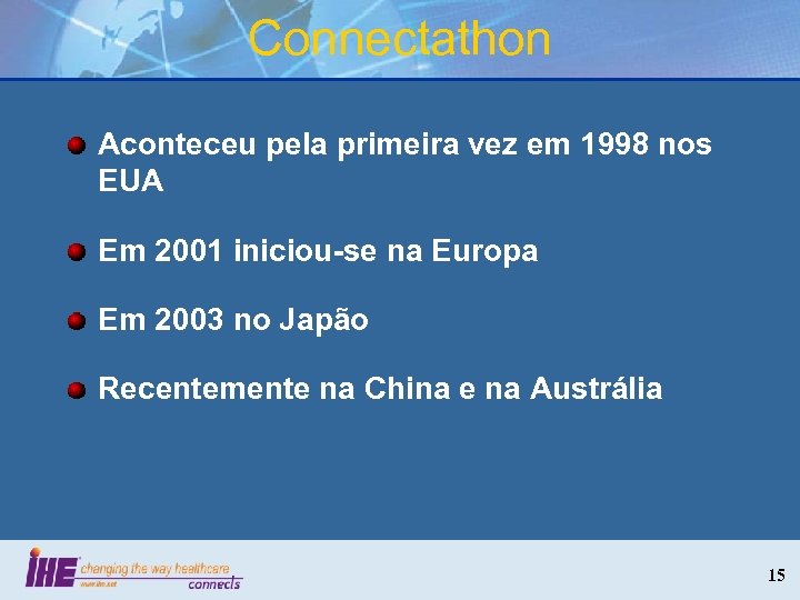 Connectathon Aconteceu pela primeira vez em 1998 nos EUA Em 2001 iniciou-se na Europa