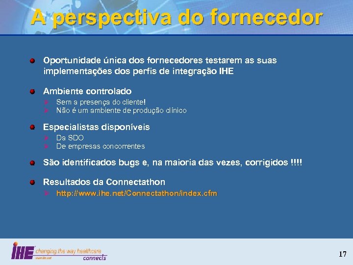 A perspectiva do fornecedor Oportunidade única dos fornecedores testarem as suas implementações dos perfis