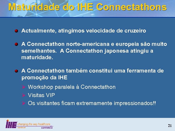 Maturidade do IHE Connectathons Actualmente, atingimos velocidade de cruzeiro A Connectathon norte-americana e europeia