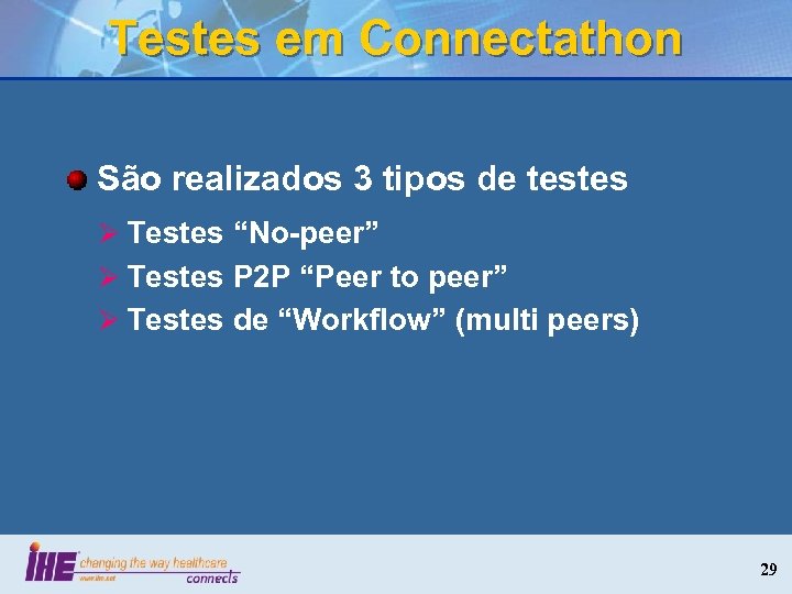 Testes em Connectathon São realizados 3 tipos de testes Ø Testes “No-peer” Ø Testes