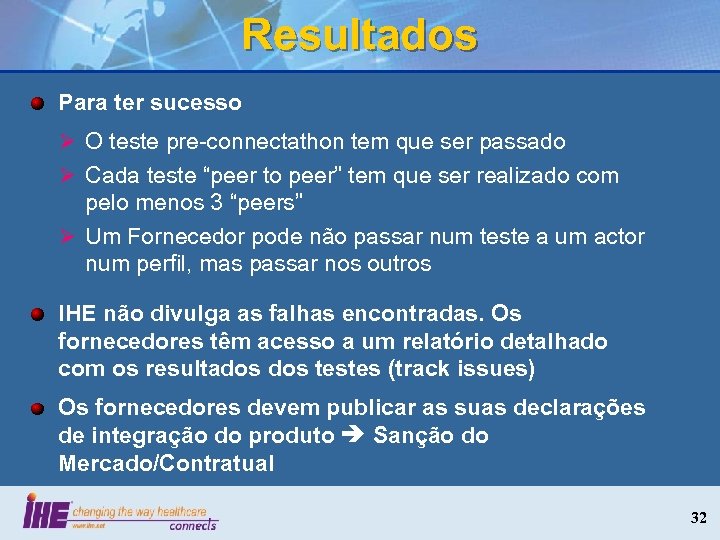 Resultados Para ter sucesso Ø O teste pre-connectathon tem que ser passado Ø Cada