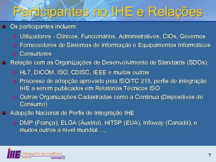 Participantes no IHE e Relações Os participantes incluem: Ø Utilizadores - Clínicos, Funcionários, Administrativos,