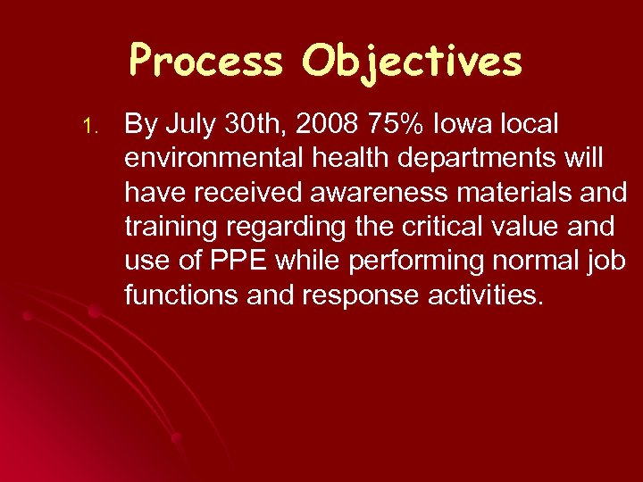 Process Objectives 1. By July 30 th, 2008 75% Iowa local environmental health departments