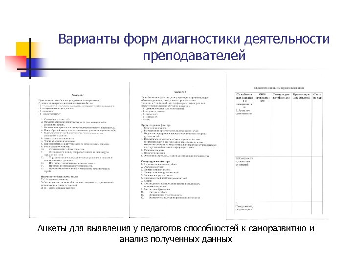 Варианты форм диагностики деятельности преподавателей Анкеты для выявления у педагогов способностей к саморазвитию и