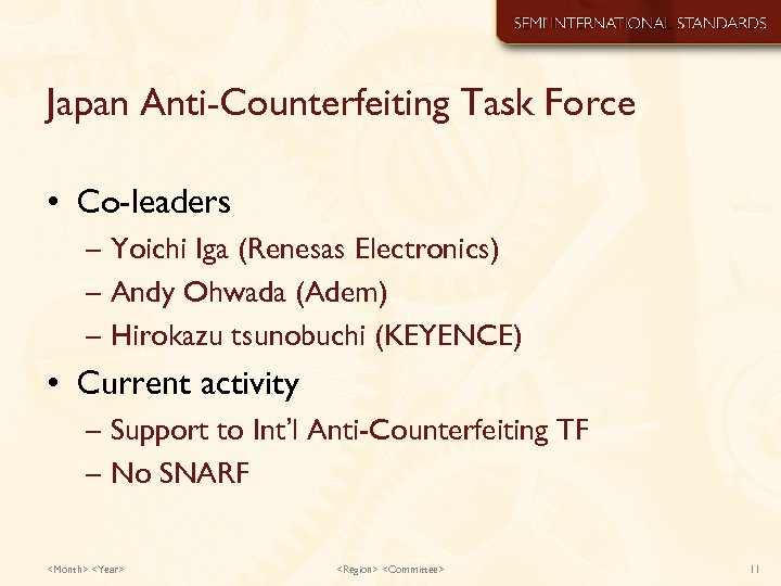 Japan Anti-Counterfeiting Task Force • Co-leaders – Yoichi Iga (Renesas Electronics) – Andy Ohwada
