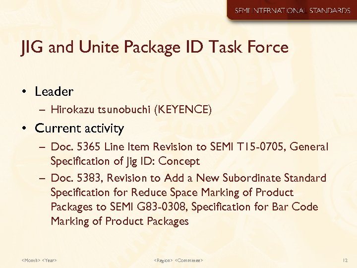 JIG and Unite Package ID Task Force • Leader – Hirokazu tsunobuchi (KEYENCE) •