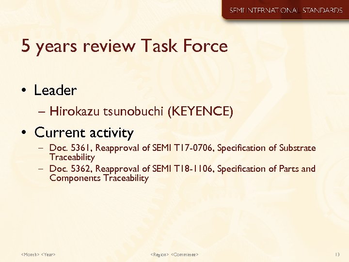 5 years review Task Force • Leader – Hirokazu tsunobuchi (KEYENCE) • Current activity