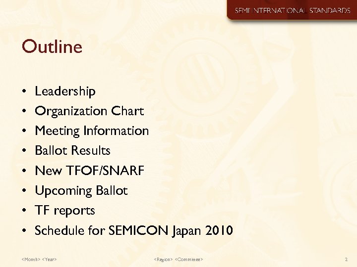 Outline • • Leadership Organization Chart Meeting Information Ballot Results New TFOF/SNARF Upcoming Ballot