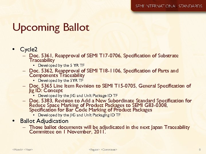 Upcoming Ballot • Cycle 2 – Doc. 5361, Reapproval of SEMI T 17 -0706,