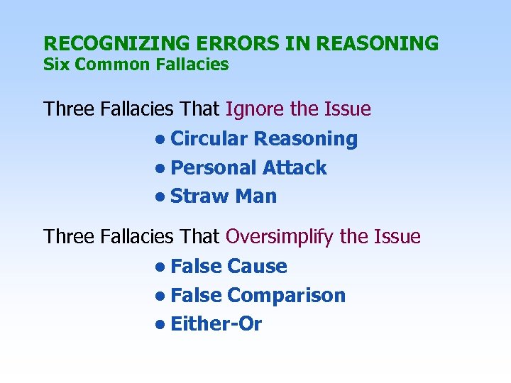RECOGNIZING ERRORS IN REASONING Six Common Fallacies Three Fallacies That Ignore the Issue •
