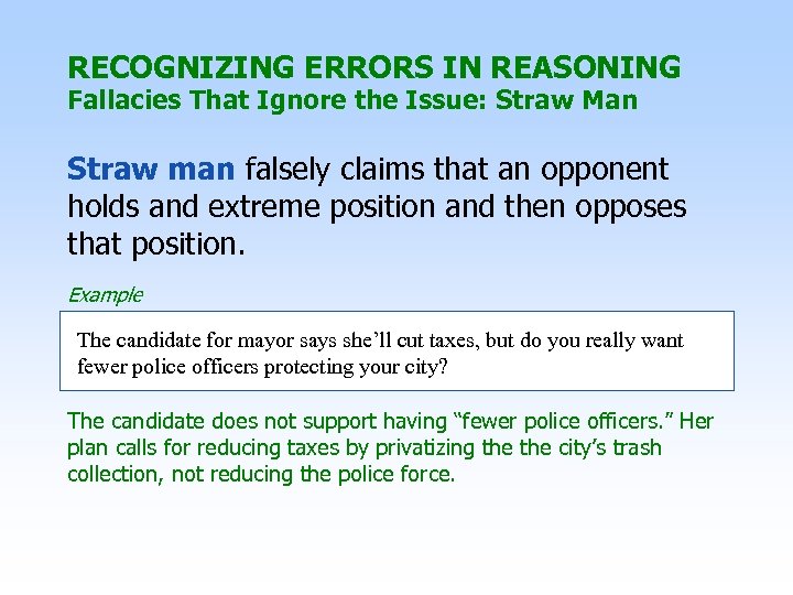 RECOGNIZING ERRORS IN REASONING Fallacies That Ignore the Issue: Straw Man Straw man falsely