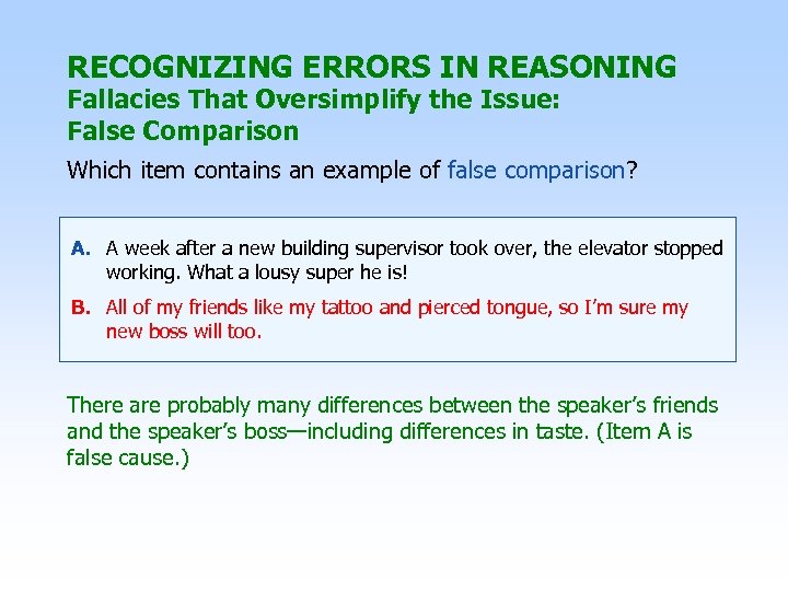 RECOGNIZING ERRORS IN REASONING Fallacies That Oversimplify the Issue: False Comparison Which item contains