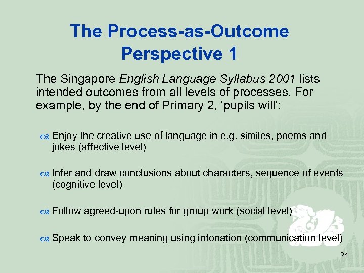 The Process-as-Outcome Perspective 1 The Singapore English Language Syllabus 2001 lists intended outcomes from