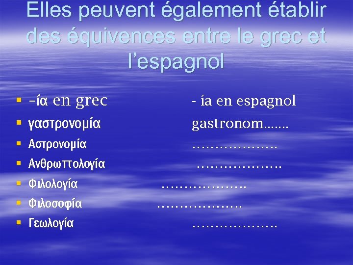 Elles peuvent également établir des équivences entre le grec et l’espagnol § –ία en