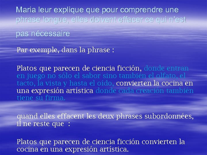 Maria leur explique pour comprendre une phrase longue, elles doivent effacer ce qui n’est