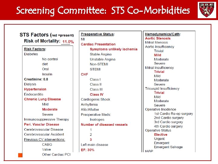 Screening Committee: STS Co-Morbidities 