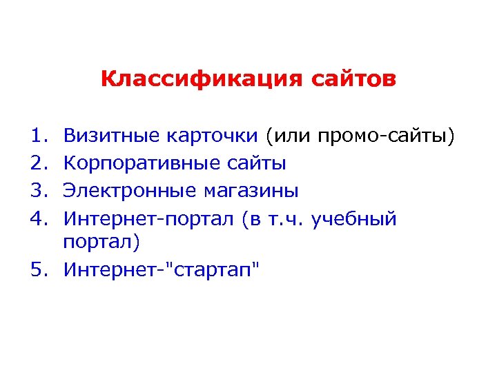 Классификация сайтов 1. 2. 3. 4. Визитные карточки (или промо-сайты) Корпоративные сайты Электронные магазины
