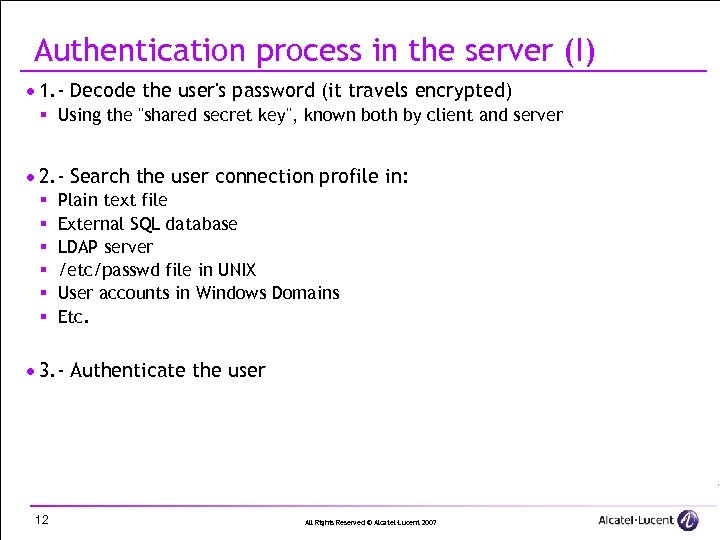 Authentication process in the server (I) · 1. - Decode the user's password (it