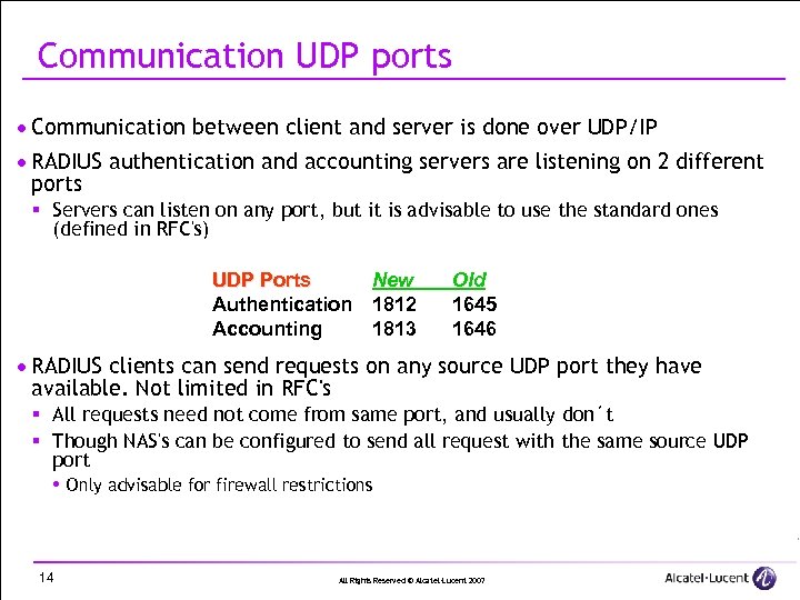 Communication UDP ports · Communication between client and server is done over UDP/IP ·