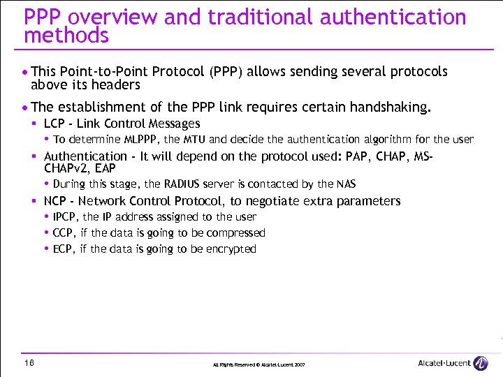 PPP overview and traditional authentication methods · This Point-to-Point Protocol (PPP) allows sending several