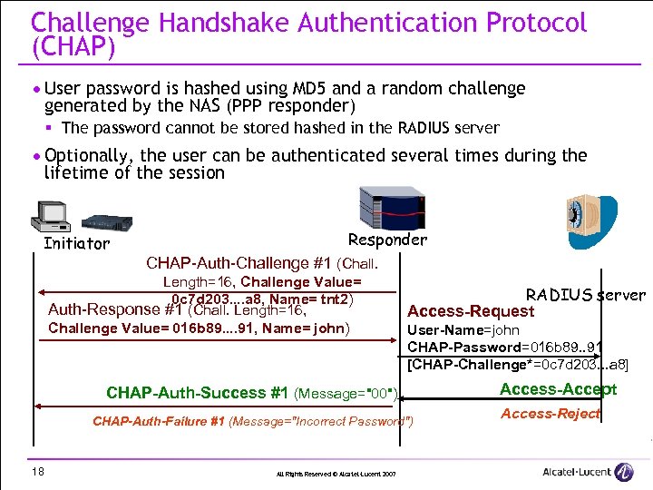 Challenge Handshake Authentication Protocol (CHAP) · User password is hashed using MD 5 and