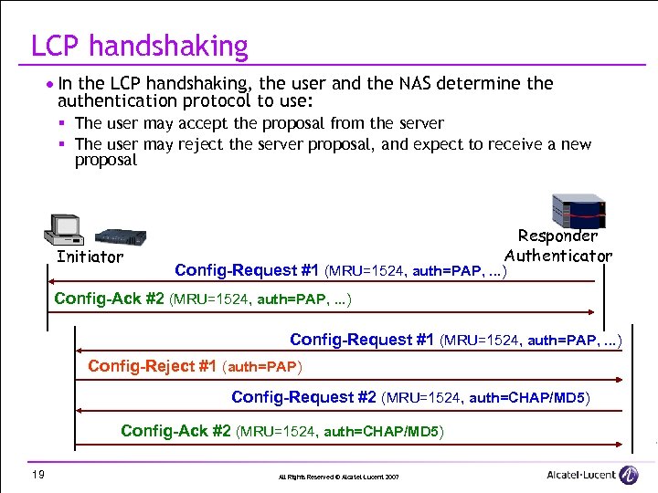 LCP handshaking · In the LCP handshaking, the user and the NAS determine the