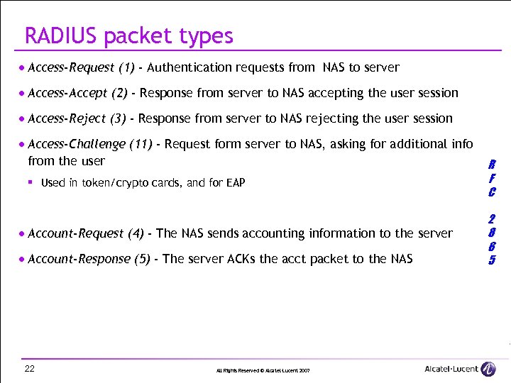 RADIUS packet types · Access-Request (1) - Authentication requests from NAS to server ·