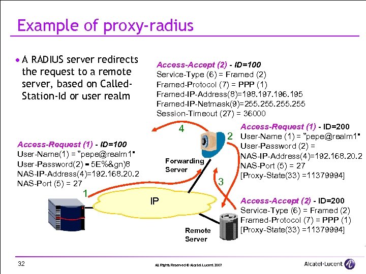 Example of proxy-radius · A RADIUS server redirects the request to a remote server,