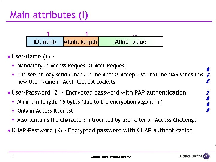 Main attributes (I) 1 ID. attrib 1 Attrib. length. . Attrib. value · User-Name