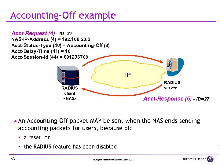 Accounting-Off example Acct-Request (4) - ID=27 NAS-IP-Address (4) = 192. 168. 20. 2 Acct-Status-Type