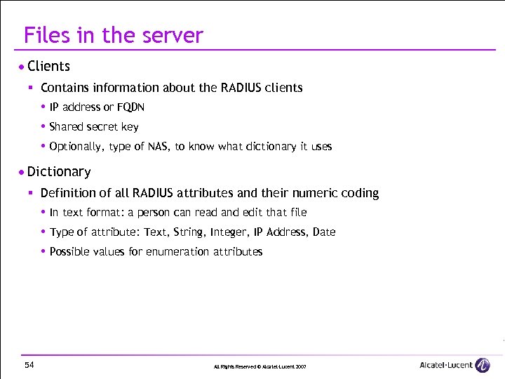 Files in the server · Clients § Contains information about the RADIUS clients IP